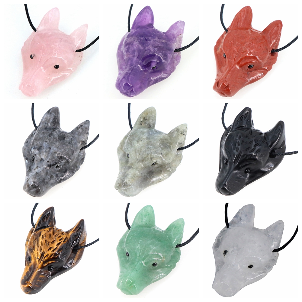 Crystal Pendant Necklace Natural Stone - 40mm 늑대 머리 돌 펜던트 천연