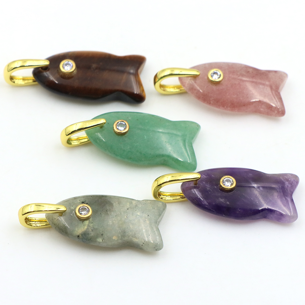 Crystal Pendant Necklace Natural Stone - 26mm 물고기 모양의 천연석 펜던트 상감