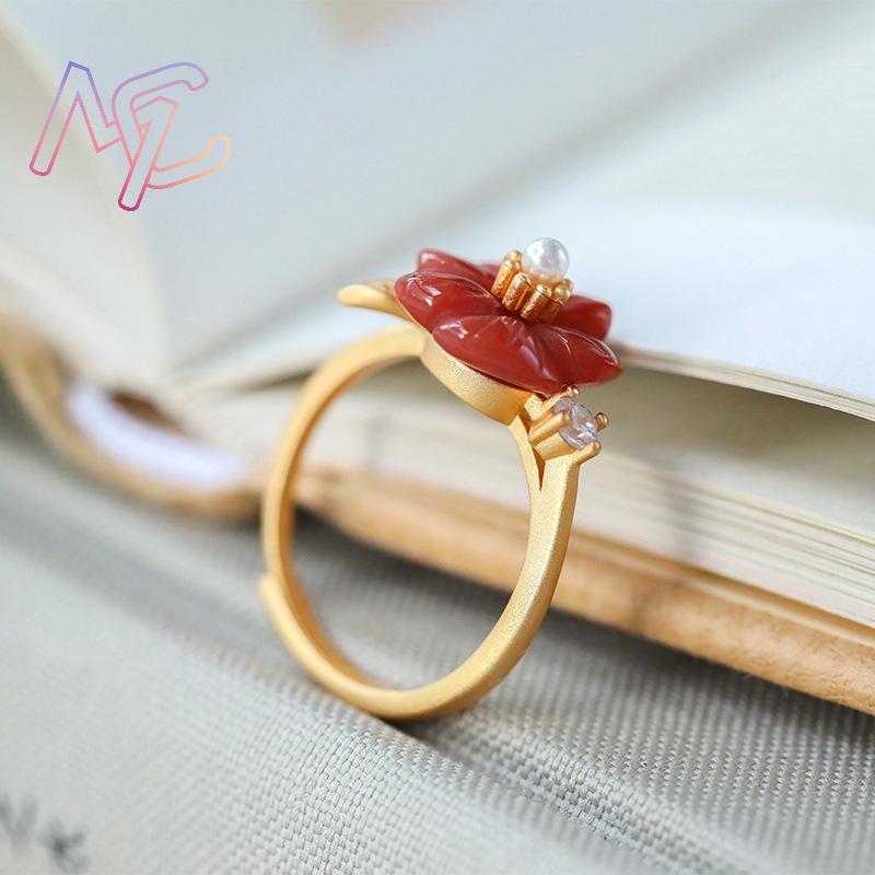 붉은 천연 옥 꽃 반지 럭셔리 스톤 조절 가능한 반지  - Rings 리뷰 및 가격