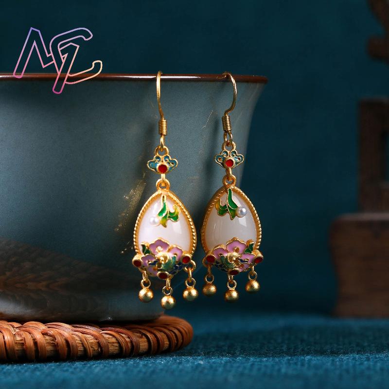 천연 옥 꽃 귀걸이 참 장식품 디자이너 진짜 보석 빈티 - Earrings 리뷰 및 가격