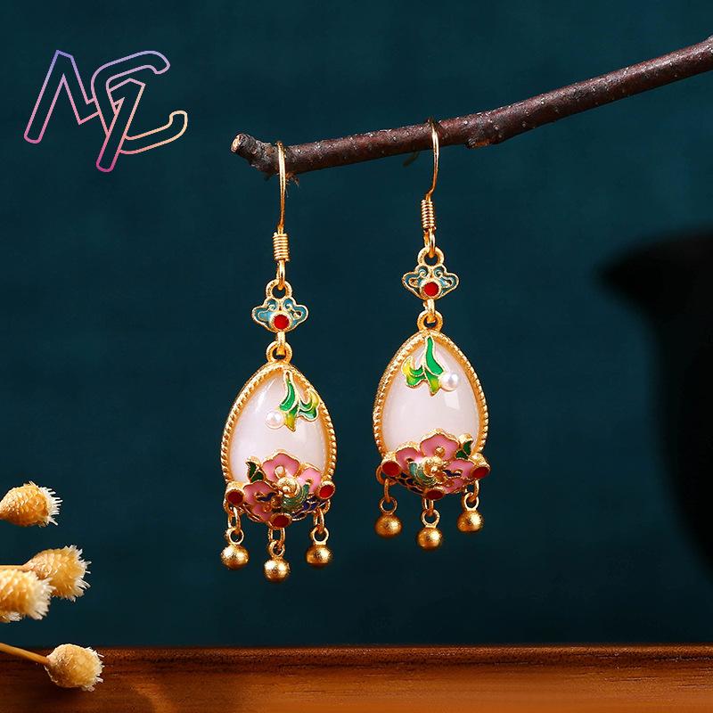 천연 옥 꽃 귀걸이 참 장식품 디자이너 진짜 보석 빈티 - Earrings 리뷰 및 가격