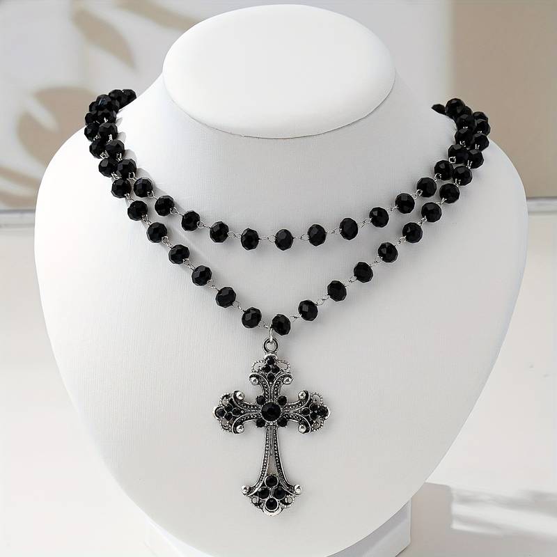 Y2K 그런지 고딕 레이어드 크로스 목걸이 - 블랙 비 - Layered Pendant Necklace Aesthetic 리뷰 및 가격